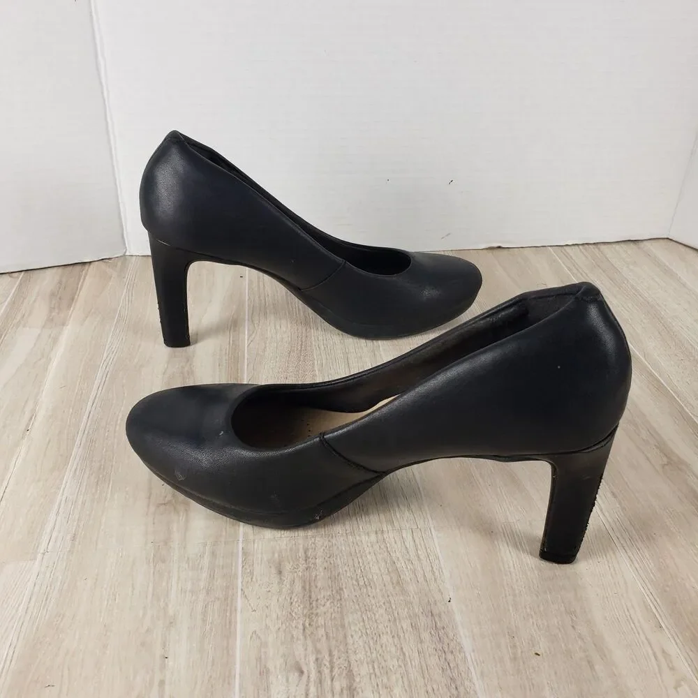 CLARKS AMBYR JOY BLACK LEATHER SLIP ONS DRESS SHOES HEELS PUMPS WOMENS SZ 7.5